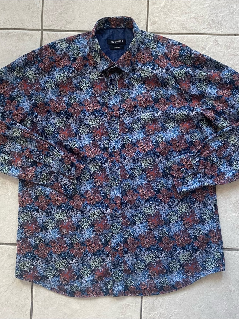 Bugatchi MS3340 Mens L Night Blue Fireworks Abstract Casual Button Down